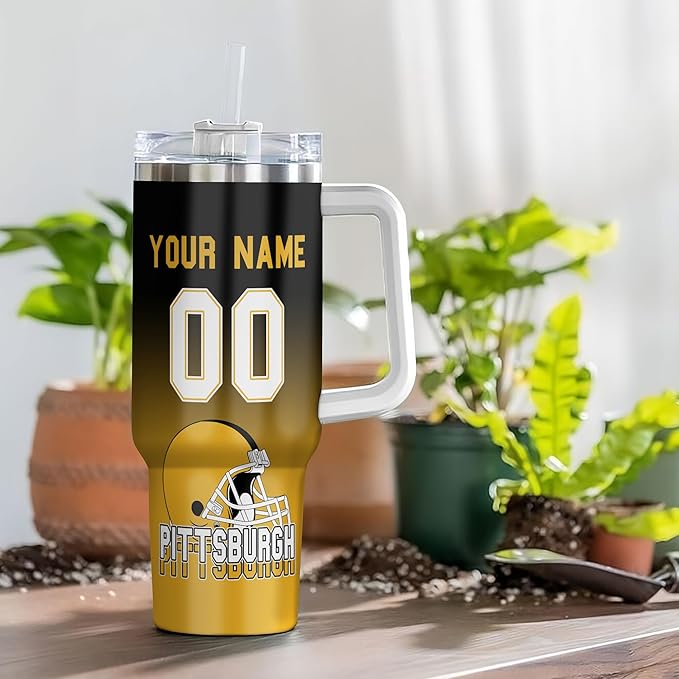 Football Personalized 40oz Insulated Travel Mug with Handle & Straw, Stainless Steel Custom Tumbler, Name & Number Cup, Sports Gift for Men Women (Pittsburgh)