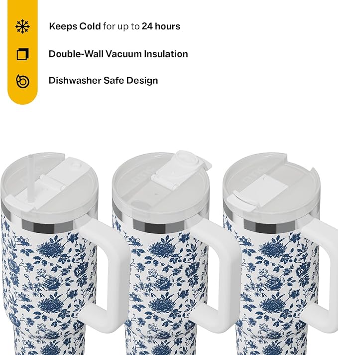 RTIC 40 oz Road Trip Tumbler Double-Walled Cermaic Lined Insulated Stainless Steel Portable Travel Coffee Mug Cup with Lid, Handle and Straw, Blue Bouquet