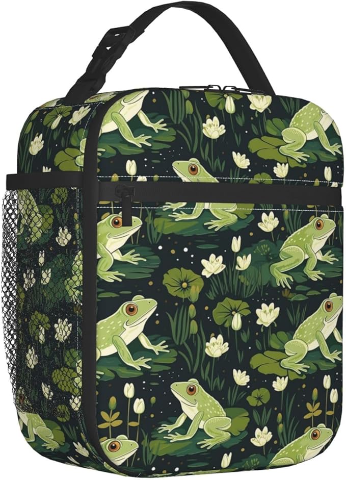 Reusable Cute Frog Lunch Box for Kids, Insulated Vibrant Lily Pad Lotus Leaf Dark Green Bag,Polyester Cooler Animal Lovers Handbags Case for School Picnic Work Travel Beach or Hiking, Gifts