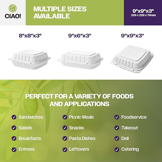 CIAO! 9"x9"x3" MFPP White Hinged Container With Lid 1 Compartment (Case of 150)
