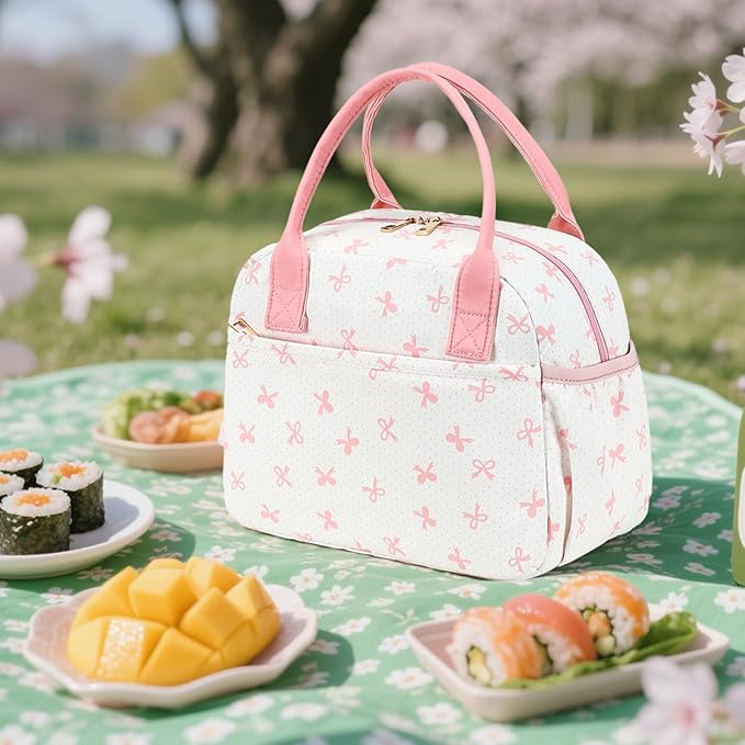 CAMTOP Lunch Box for Women Insulated Lunch Bag Lunchbox Cooler Thermal Leakproof Quilted Reusable Lunch Tote Bag for Work School Travel Picnic (Pink Bow)