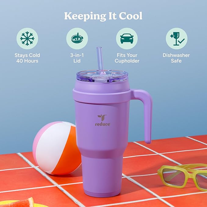 Reduce 40 oz Stainless Steel Tumbler with Handle - Dual-Wall Vacuum Insulated Travel Mug, Sweat-Proof Lid & Reusable Straw - Keeps Drinks Cold for 24 Hrs, Fits Cupholders, Dishwasher Safe-Purple Punch