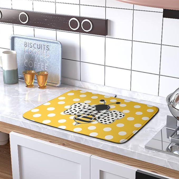 Bee Dish Drying Mat for Kitchen Counter 18x24 Inch Yellow Bumblebee Polka Dots Dishes Pad Cute Honey Bees Dish Draining Microfiber Absorbent Dish Drainer Rack Mat Large Kitchen Accessories