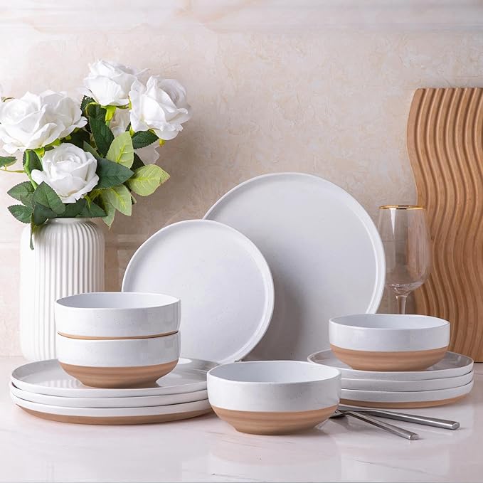 AmorArc Ceramic Dinnerware Sets for 6, 18 Pieces Handpainted Plates and Bowls Set with Rustic Terracotta Underside, Scratch Resistant Stoneware Dishes Set, Dishwasher & Microwave Safe, White