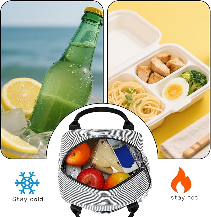 CAMTOP Lunch Box for Women Men Insulated Lunch Bag Lunch Tote Bag Leakproof Thermal Cooler Large Capacity for Travel Work School Picnic (Black white stripes)