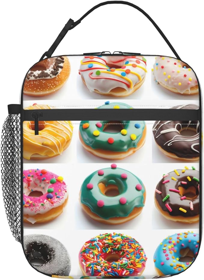 Realistic Donut Pattern Insulated Lunch Box Gifts for Kids Adults Funny Colorful Sweet Food Design Reusable Portable Lunchbox Cooler Lunchbag for Work Picnic School Travel or Hiking
