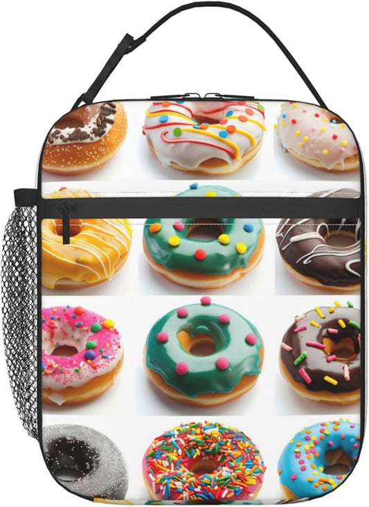 Realistic Donut Pattern Insulated Lunch Box Gifts for Kids Adults Funny Colorful Sweet Food Design Reusable Portable Lunchbox Cooler Lunchbag for Work Picnic School Travel or Hiking