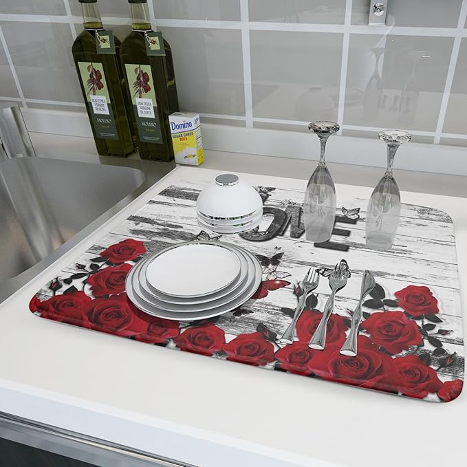 Red Rose Dish Drying Mat 18x24 inch Romantic Floral Absorbent Microfiber Sink Counter Dishware Drainer Pad for Kitchen Coffee Bar Decor