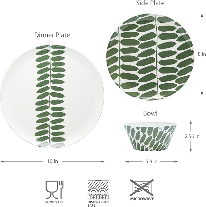 Bzyoo 12-Piece Melamine Dinnerware Set - Leaf | Lightweight, Durable, BPA-Free | Dishwasher Safe Dish Set for Indoor & Outdoor Use - Perfect for Camping, BBQs, Kids