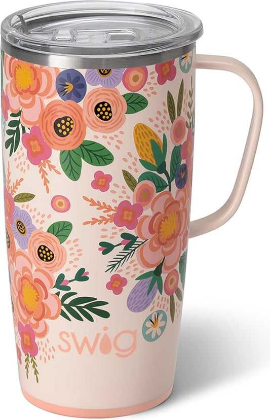 Swig Life 22oz Travel Mug, Insulated Tumbler with Handle and Lid, Cup Holder Friendly, Dishwasher Safe, Stainless Steel, Floral Mug, Flower Tumbler, Mothers Day Gifts for Mom (Full Bloom)