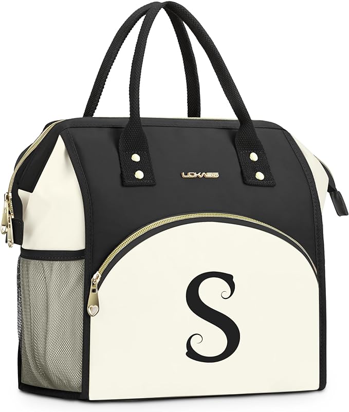 Personalized Lunch Box for Women, Initial Reusable Insulated Lunch Bag, Wide-Open Adult Lunchbox Cooler Lunchbag, Initial Leakproof Lunch Tote Bag for Picnic Work Outdoors Black and White - S