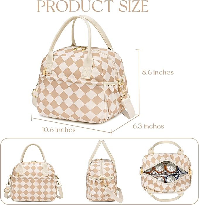 CAMTOP Lunch Box for Women Insulated Lunch Bag Lunchbox Cooler Thermal Leakproof Quilted Reusable Lunch Tote Bag for Work School Travel Picnic (Brown-White Check)