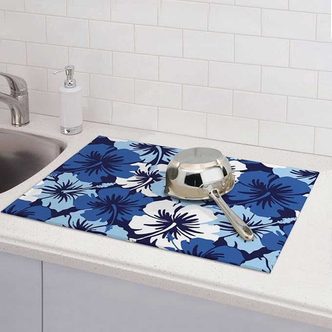 Blue Hawaii Flowers Dish Drying Mat, Blossom Floral Kitchen Counter Mat Rubber Backing Draining Mat Easy Clean Kitchen Accessories Dish Rack Pad for Dishes, Utensils, Countertops, Coffee Sinks 18X24''