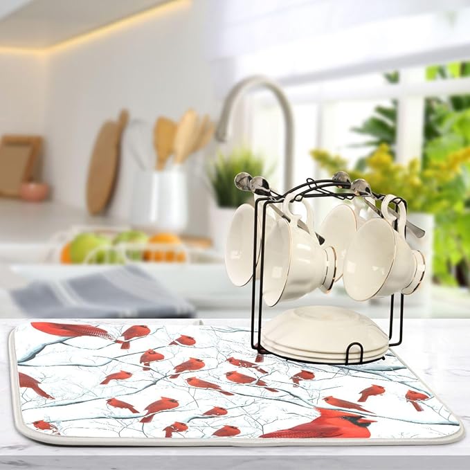Red Birds on Branches Dish Drying Mat for Kitchen Counter Super Absorbent Dishes Pad Reversible Microfiber Protector Dish Draining Mats 16x18 inch
