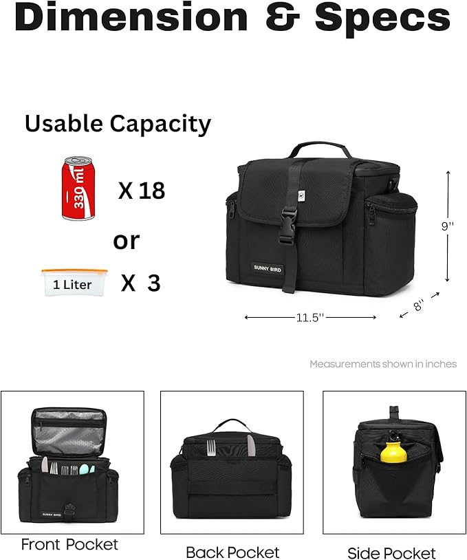 SUNNY BIRD Large Lunch Bag, Thermally Insulated Soft Cooler with Shoulder Strap for Women, Men (Black)