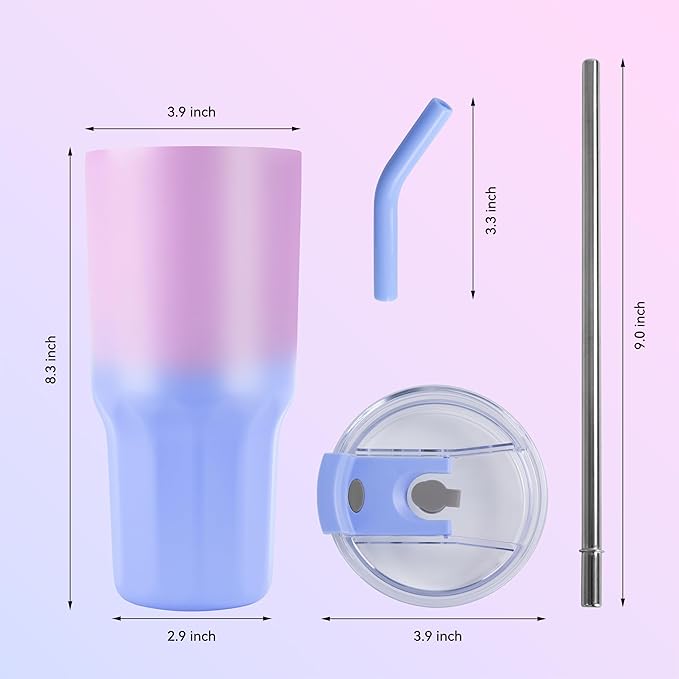 VEGOND 30 oz Insulated Stainless Steel Tumbler with lid and straw Double Wall Vacuum Travel Coffee Mug with Non-Slip Silicone Base, Sweat Proof Powder Coated Cup for Hot Cold Drinks, Blue and Purple