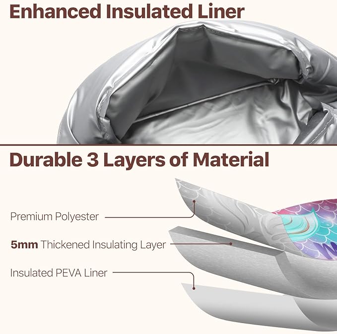 Bagseri Lunch Bag for Girls - Insulated Kids Lunch Bag for Girls Portable Reusable Toddler Lunch Cooler Bag for School with Leakproof Liner (Purple Mermaid Tail)