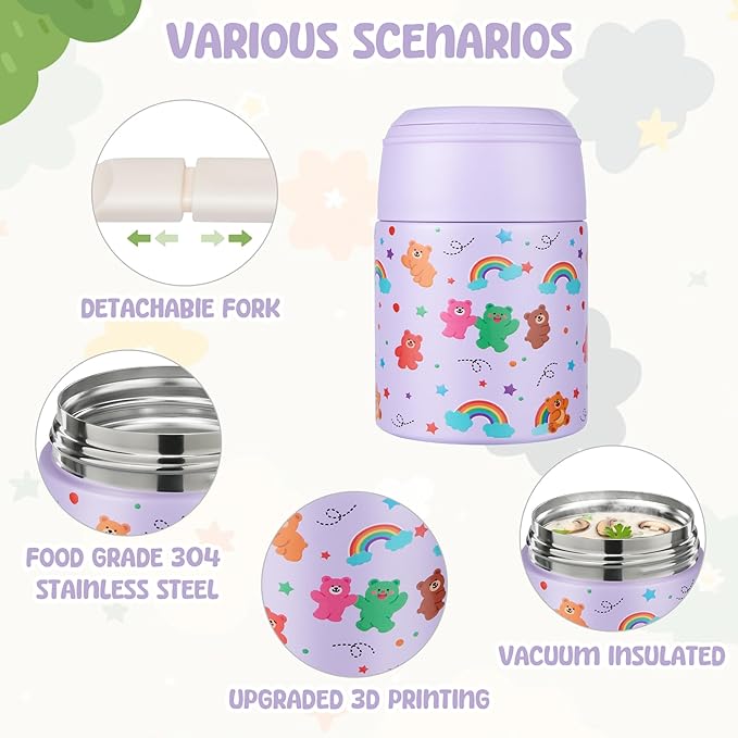 10oz Soup Thermo for Hot Food Kids Insulated Food Jar with Spoon Wide Mouth Stainless Steel Lunch Container Leak Proof Vacuum Food Box for School Travel Picnic Purple Bear