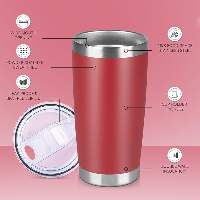 20 oz Tumbler Stainless Steel Tumblers Bulk with Lid Double Wall Insulated Coffee Tumbler Cups for Hot & Cold Drinks Powder Coated Travel Coffee Tumbler Mug Metal (Red, 1 pack)