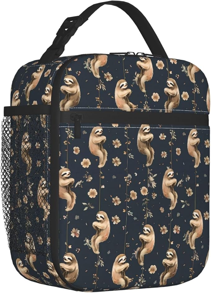 Sloth Polyester Lunch Box for Kids Teen,Cute Reusable Thermal Lunch Bag for Adult Women,Dark Insulated Tote Cooler Bags for School,Work,Picnic,Travel,Playful Night Floral Theme