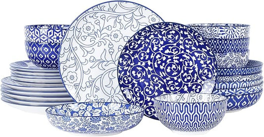 Selamica Ceramic Dinnerware Sets for 6, 24 Piece Plates and Bowls Sets, Highly Chip and Crack Resistant Dishes Set-Dishwasher & Microwave & Oven Safe, Vintage Blue