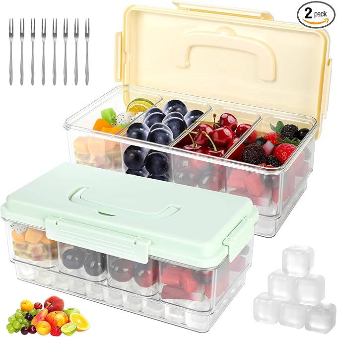 2 Pack Snackle Box Container with Ice Pack Snackle Box Container 4 Compartment Chilled Portable Divided Serving Tray Portable Travel Snack Organizer,Snack Box for Fruits Veggies, Keep Food Cold