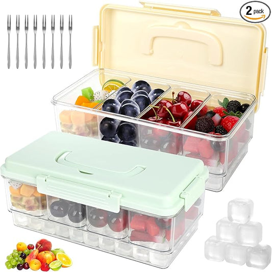 2 Pack Snackle Box Container with Ice Pack Snackle Box Container 4 Compartment Chilled Portable Divided Serving Tray Portable Travel Snack Organizer,Snack Box for Fruits Veggies, Keep Food Cold