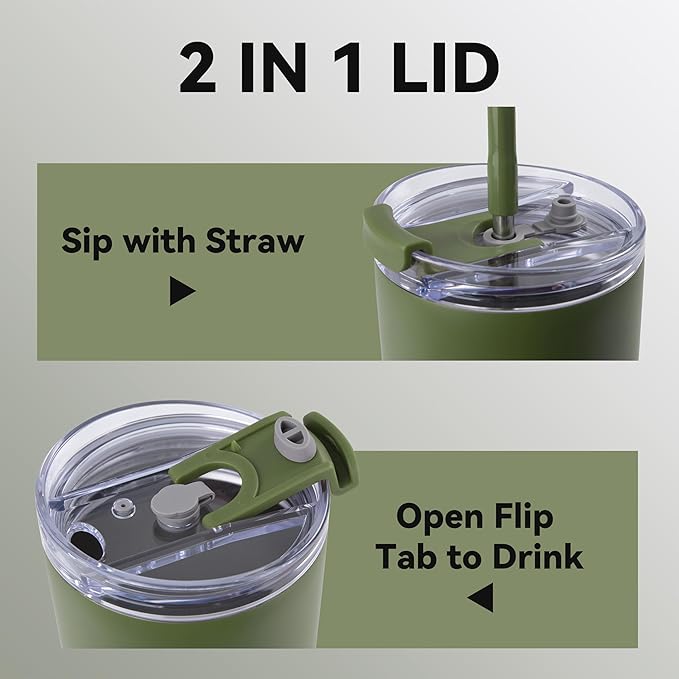 VEGOND 30 oz Insulated Stainless Steel Tumbler with lid and straw Double Wall Vacuum Travel Coffee Mug with Non-Slip Silicone Base, Sweat Proof Powder Coated Cup for Hot Cold Drinks, Army Green
