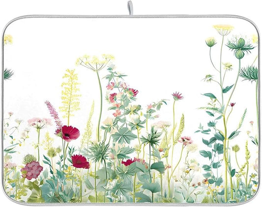 Spring Summer Herbs Flowers Plants Dish Drying Mat for Kitchen Counter Absorbent Dish Drainer Mats Drying Pads 18"x24"