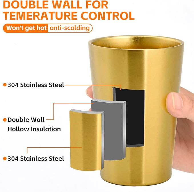 5 Pack 12 oz Stainless Steel Insulated Cup, Double Wall Vacuum Small Metal Cup, Reusable Camping Cups Unbreakable Indoor Outdoor for Party, Home, Office, BBQ, Gold