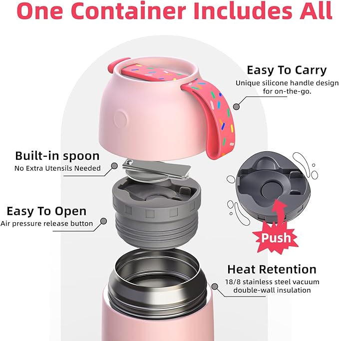 Thermo for Hot Food for Adults Kids | Wide Mouth, 26 oz Insulated Food Jar with Spoon, Leakproof Soup Thermo for School Office Travel, Thermal Steel Lunch Container Easy to Carry (Pink)