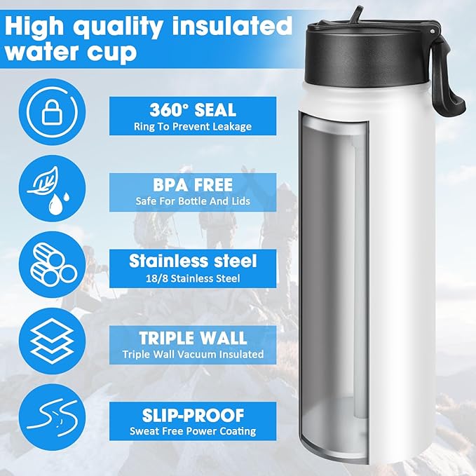 24 oz Insulated Water Bottle with Straw, Stainless Steel Double Wall Vacuum Thermos with Straw Lid Leak Proof, Wide Mouth Lid, Keep Cold and Hot