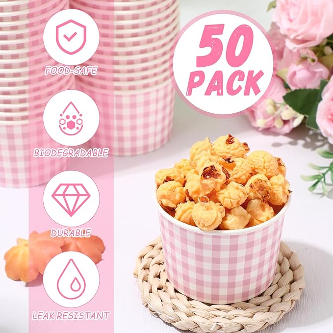 50 Pack Pink Gingham Ice Cream Cups 9 oz Pink and White Checkered Disposable Dessert Bowls Paper Soup Bowls Plaid Snack Cups for Hot or Cold Food for Baby Shower Wedding Birthday Supplies