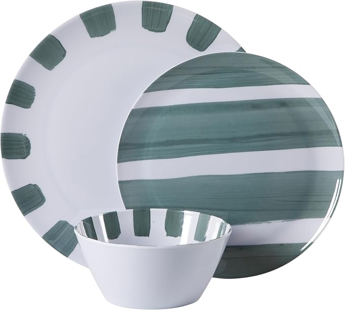 Gibson Home Cottage Stripes 12 Piece Unbreakable Melamine Plates and Bowls Dinnerware Set - Outdoor, Camping, & Everyday Use - Assorted Colors