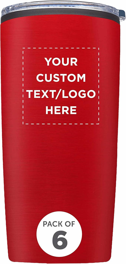 Custom Plastic Tumblers 20 oz. Set of 6, Personalized Bulk Pack - With lids, Ice Coffee Tumbler, To Go Cup, Insulated - Red