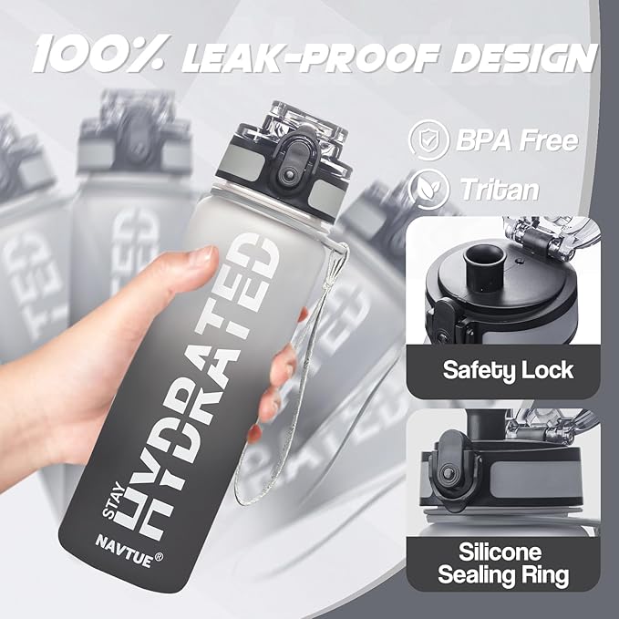 Water Bottle with Carrier Bag, 32 oz Sports Water Bottles with Time Marker Wide Mouth, Motivational and Leakproof Drink Bottle, BPA Free Tritan with Carry Strap for Gym Fitness Outdoor