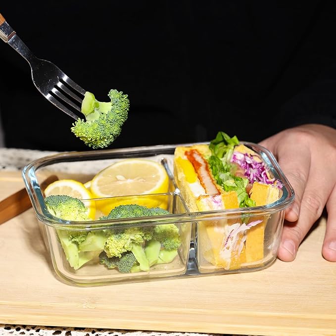 5-Pack Glass Storage Containers,Glass Food Container with Lid,Lunch Box,Bento Box,Storage Box,Meal Prep Containers,Lunch Containers, Fruit Preservation Boxes,Three-partition-White