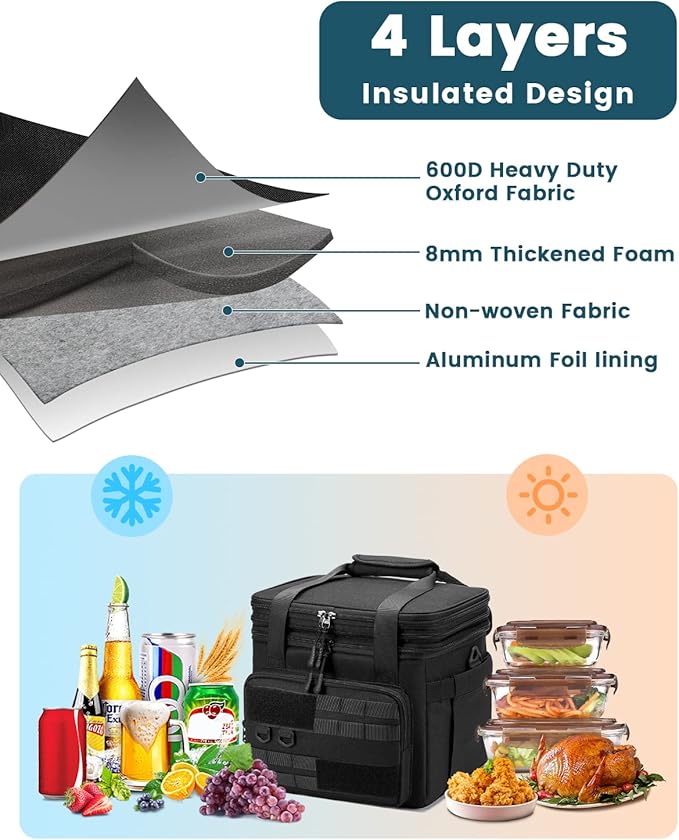 RalChyez Tactical Lunch Box, 20L Large Heavy Duty Double Deck Insulated Lunch Bag Leakproof Expandable Tote Cooler with Shoulder Strap for Adult Men Women Work Fishing Picnic Travel Black