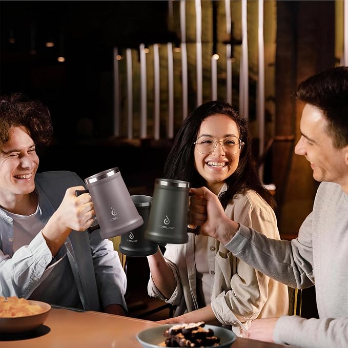 Ideus Insulated Beer Stein, 24/32oz Stainless Steel Double Walled Beer Mug Giant Bar Drinkware Metal Beer Cup with Big Grip Handle (24oz (710ml), Grey)