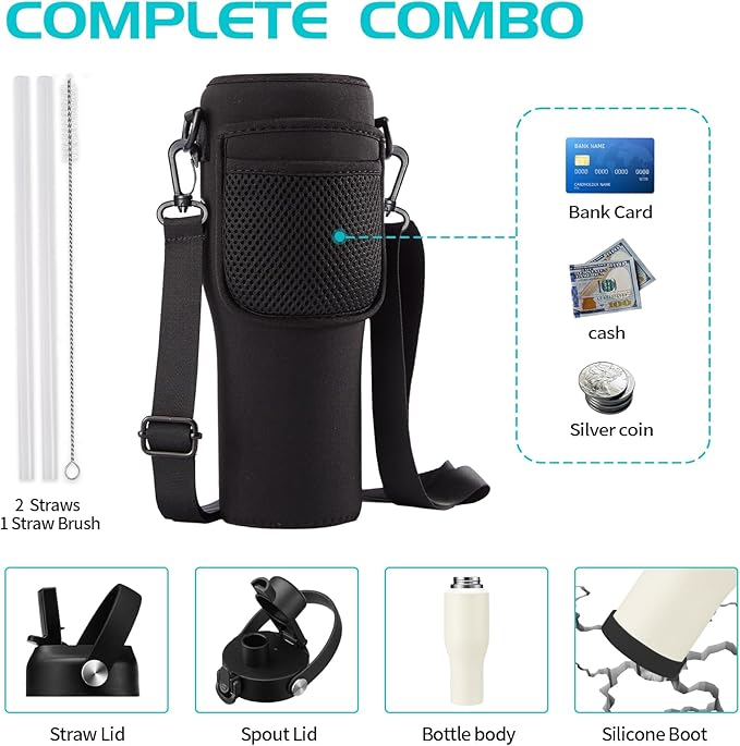 40 OZ Water-Bottle Fit Car Cup-Holder - Double Wall Vacuum Insulated Thermal with Lid and Straw, Stainless Steel Cup 40oz with Carrying Case, for Travel Drive