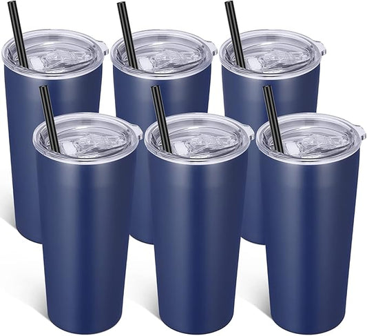 VEGOND 20oz Tumbler Bulk with Lid and Straw 6 Pack, Stainless Steel Vacuum Insulated Tumbler, Double Wall Coffee Cup Travel Mug, Navy Blue