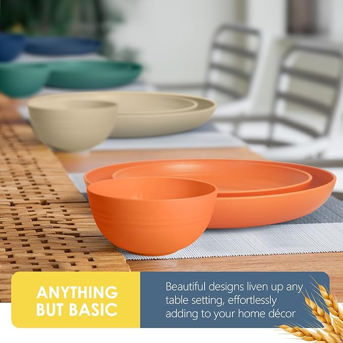 Teivio 32-Piece Kitchen Plastic Wheat Straw Dinnerware Set, Service for 8, Dinner Plates, Dessert Plate, Cereal Bowls, Cups for Everyday Dining, Unbreakable Plastic Outdoor Camping Dishes, Colorful