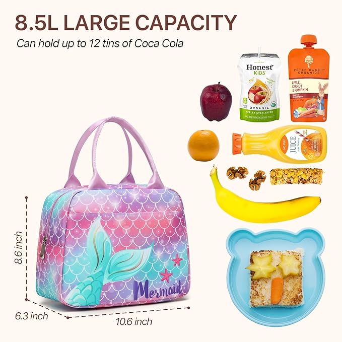 Bagseri Lunch Bag for Girls - Insulated Kids Lunch Bag for Girls Portable Reusable Toddler Lunch Cooler Bag for School with Leakproof Liner (Purple Mermaid Tail)