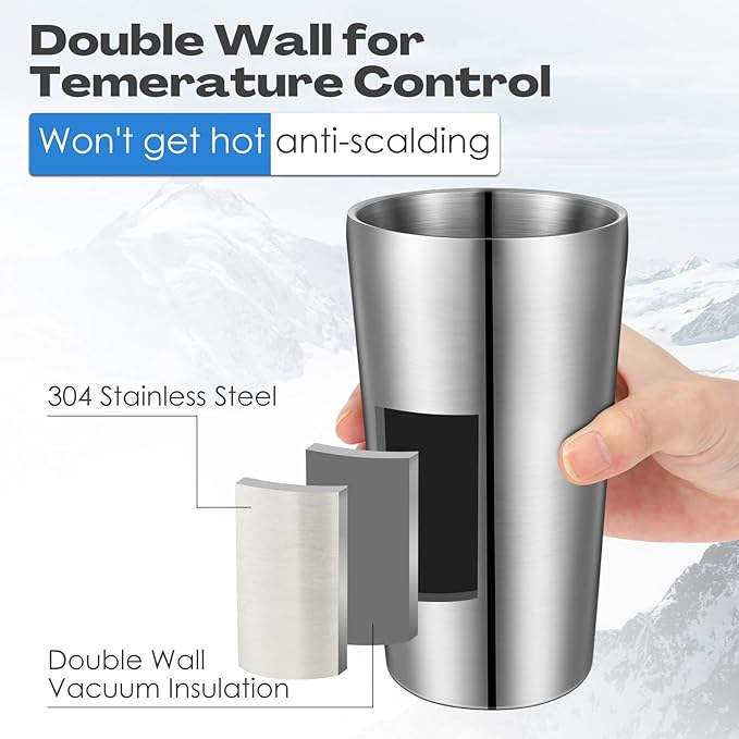 8 Pack Stainless Steel Insulated Cup Metal Tumbler Double Wall Vacuum Water Glasses Camping Reusable Mugs Bbq Home Office Party Coffee (Silver,18.6 oz)