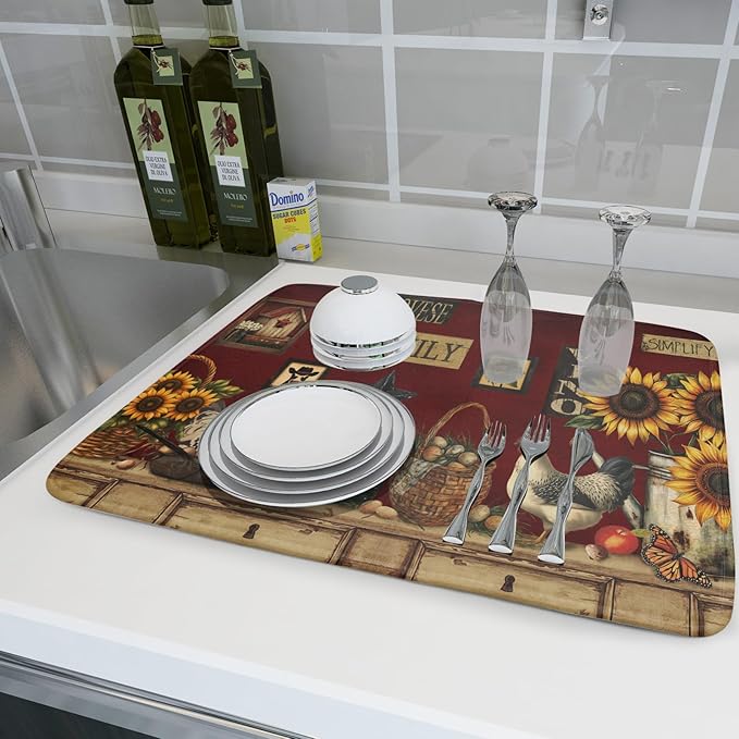 Rooster Dish Drying Mat 18x24 Inch with Hanging Loop,Vintage Country Style Farmhouse Chickens Absorbent Microfiber Non-Slip Counter Rack Sink Drainer Pad for Kitchen Countertop Table Decor