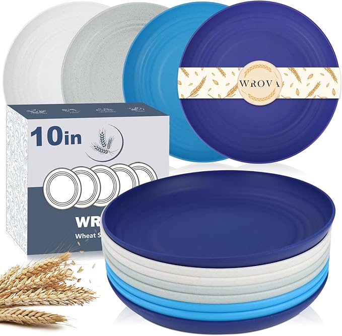 Wrova Wheat Straw Plates - 10 Inch Unbreakable Dinner Plates Set of 8 - Dishwasher & Microwave Safe Plastic Plates Reusable - Plates easy to clean for kitchen,camping.White-Grey-Blue, Island Series