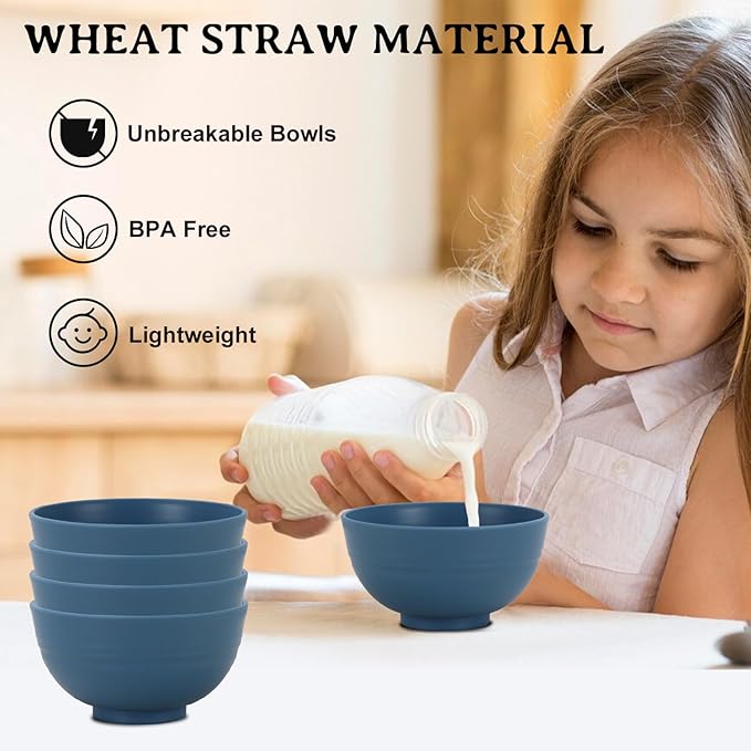 Wheat Straw Bowl 10 OZ - 5 Inch, Unbreakable Small Bowls Set of 8, Dessert Bowl for Kitchen, Camping, Party, Microwave and Dishwasher Safe Mini Bowls for Appetizer, Yogurt (Blue)