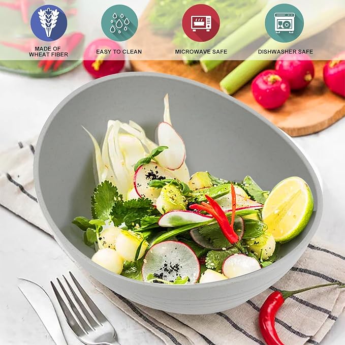 Wrova Wheat Straw Bowls Set,Unbreakable Large Salad Bowls Set of 2,Microwave and Dishwasher Safe Bowls Plastic Bowls for Eating,BPA Free Salad Bowl for Serving,Oatmeal and Salad.Gray