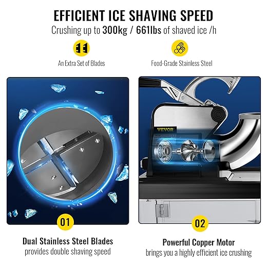 VEVOR 110V Commercial Ice Crusher 661LBS/H, ETL Approved 300W Electric Snow Cone Machine with Dual Blades, Stainless Steel Shaved Ice Machine with Safety On/Off Switch for Family, Restaurants, Bars