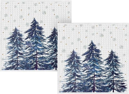 Artoid Mode Blue Snowflakes Xmas Tree Christmas Kitchen Dish Cloths, 12x12 Inch Quick Dry Microfiber Dishcloths for Kitchen Dish Rags Set of 2